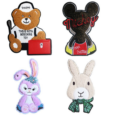 High End Fluff Sequin Embroidery Ironing Cute Cartoon Rabbit Bear Mouse DIY Patch Badge Damaged Decoration Casual T-shirt