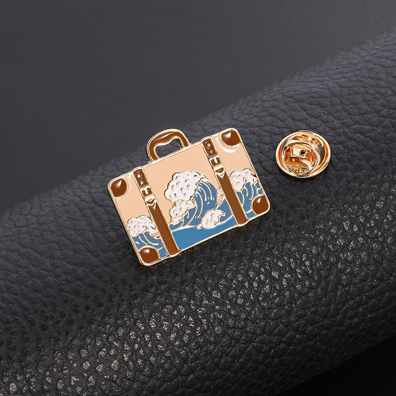 Broșă pentru valiză cu val de vânt japonez și vânt DIY Decorare geantă de buzunar Peisaj Călătorie Insigna comemorativă Pin rotund