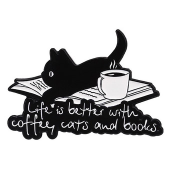 Сладко кафе игли и значки в стил Черна котка Емайлирана игла Kawaii Брошки Дънкова яка Значка за яка на риза Подарък за приятели