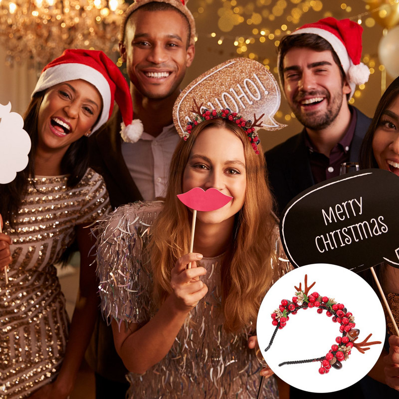 Berry Antler plaukų juosta Juokinga Kalėdinė galvos juosta Forest Series Antler plaukų juosta Gėlės Elk Net Red galvos juosta vaikams suaugusiems