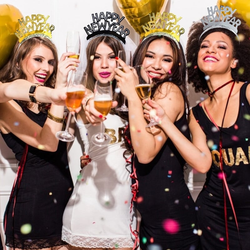 3 vnt Laimingų Naujųjų metų galvos juosta Auksinė sidabrinė juoda aliuminio moteriška tiara Kalėdų Naujųjų metų galvos juosta plaukų priedai