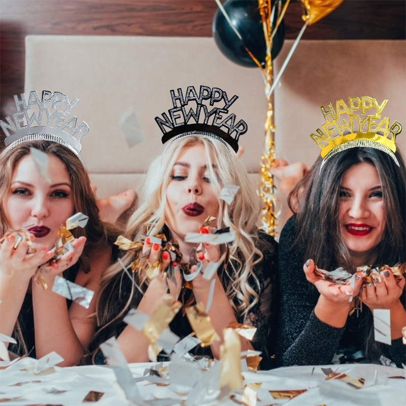 3 vnt Laimingų Naujųjų metų galvos juosta Auksinė sidabrinė juoda aliuminio moteriška tiara Kalėdų Naujųjų metų galvos juosta plaukų priedai