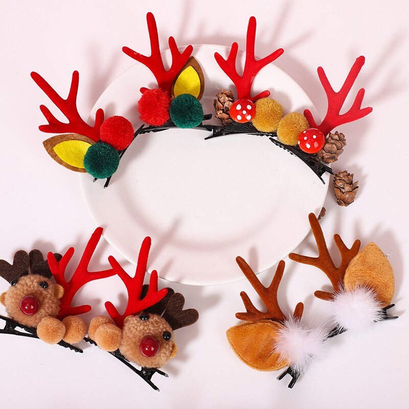 Agrafe de păr cu coarne de Crăciun Agrafe pentru urechi de cerb Festival Bentite de Crăciun Conuri de pin Minge de păr Accesorii pentru păr pentru adulți