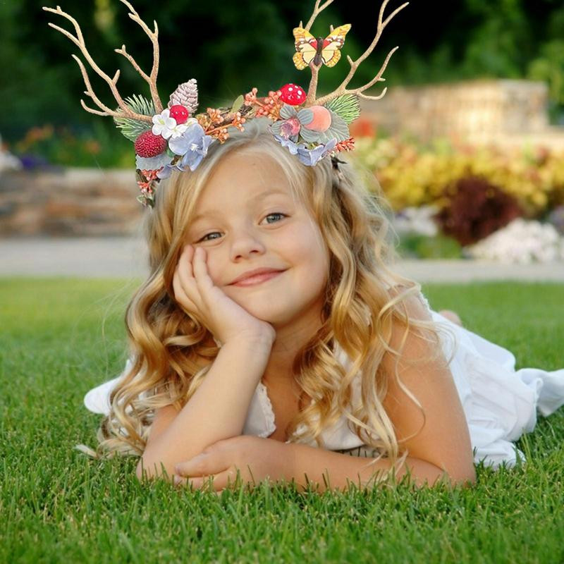 Lastele hirve peapael Jõulupeapael sarvedega lilledega juuksekaunistused. Sarvele pühade juukserõngas Cosplay peapael pidude jaoks