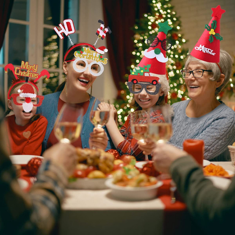 JOYMEMO 11 KOM Božićni dodaci Božićni šeširi Djeda Mraza Naočale Trake za glavu Kit Rekviziti za fotografije za Božićni kostim Dekoracije za zabavu