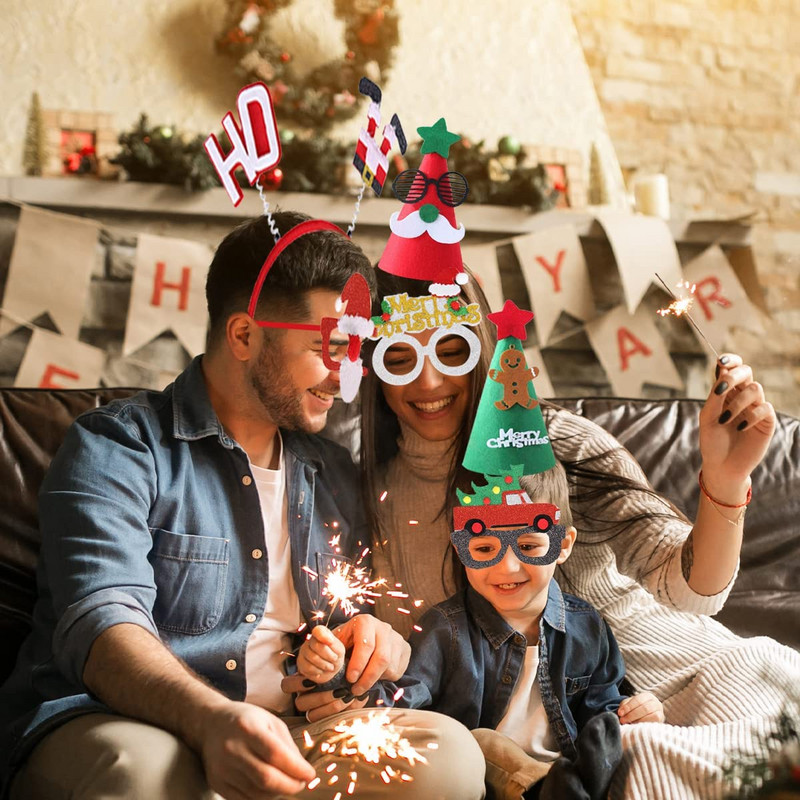 JOYMEMO 11 KOM Božićni dodaci Božićni šeširi Djeda Mraza Naočale Trake za glavu Kit Rekviziti za fotografije za Božićni kostim Dekoracije za zabavu