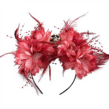 Червена лента за коса с цветя с череп и флорална шапка за момичета Хелоуин шапка SCVD889