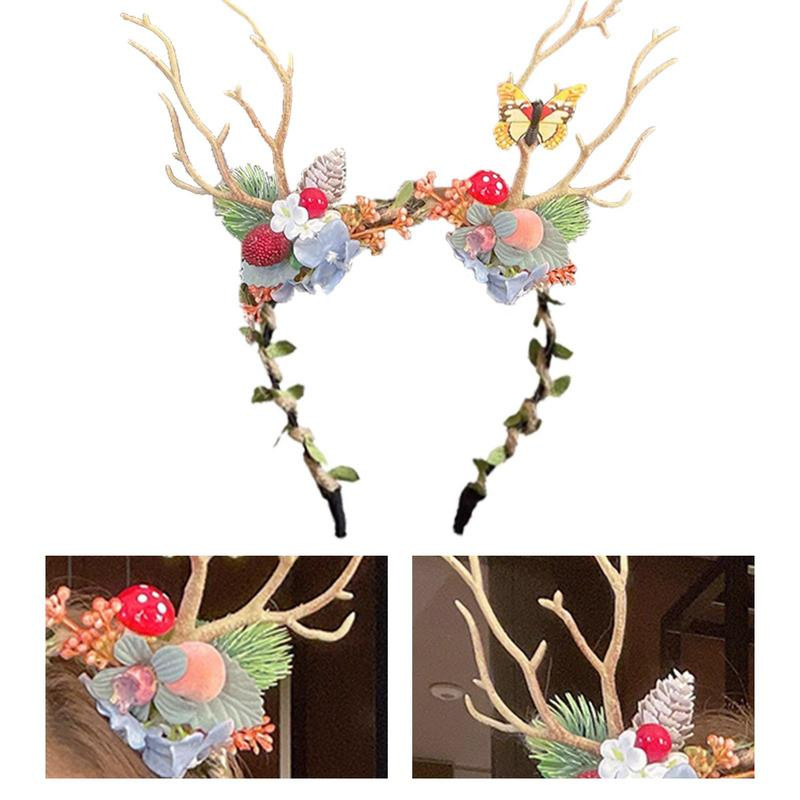 Traka za glavu s božićnim jelenom Ženski dekor za kosu od jelenjih rogova s cvijećem Trake za kosu za Noć vještica Oprema za kosu za fotografiranje