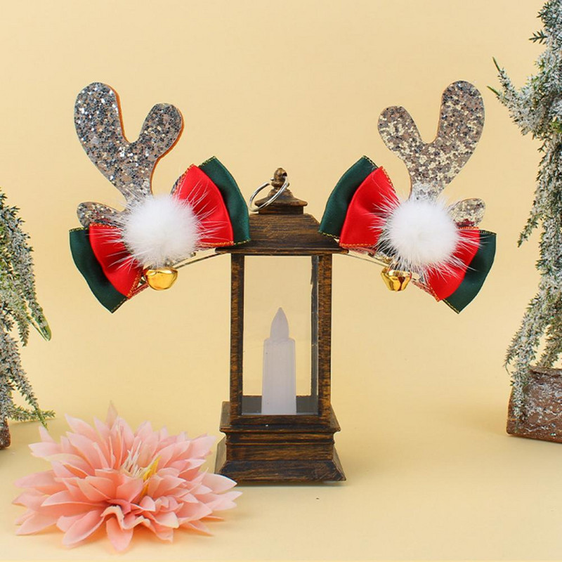 1 чифт коледни щипки за коса Мини камбана Блестяща универсална щипка за коса с еленови рога Шапки за момичета Коледна украса Аксесоари за коса