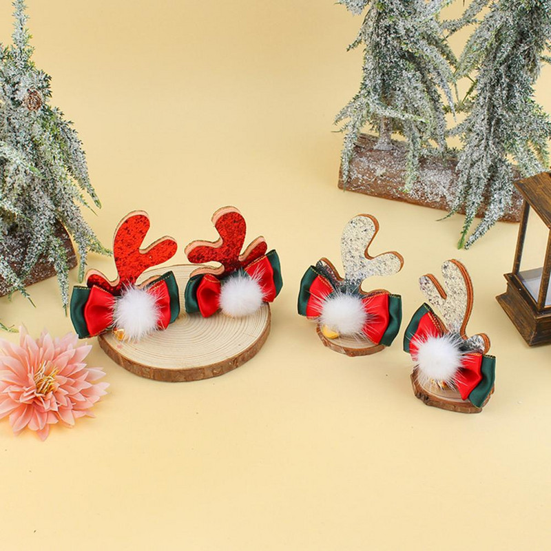1 чифт коледни щипки за коса Мини камбана Блестяща универсална щипка за коса с еленови рога Шапки за момичета Коледна украса Аксесоари за коса