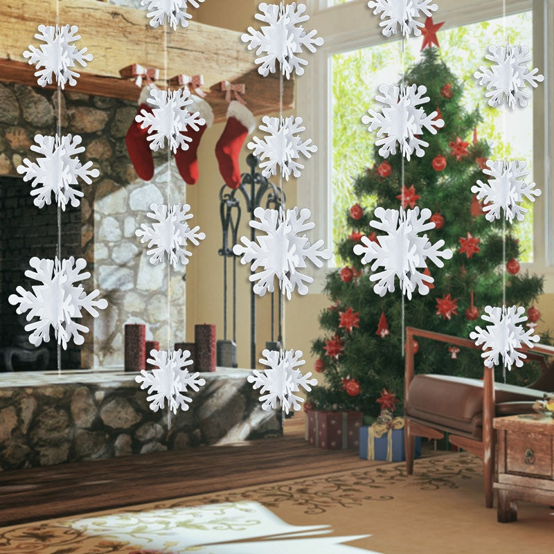 3D mākslīgo sniegpārslu papīra vītne, piekārti Ziemassvētku rotājumi, sniegpārslu reklāmkarogs mājām Jaungada Ziemassvētku ballītes ziemas dekors