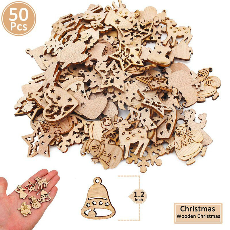 50 komada Drvena pahuljica Mini privjesak za drvce 2022 Sretan Božić Naljepnica za prozor Zimski snježni ukrasi za dom Sretna Nova godina