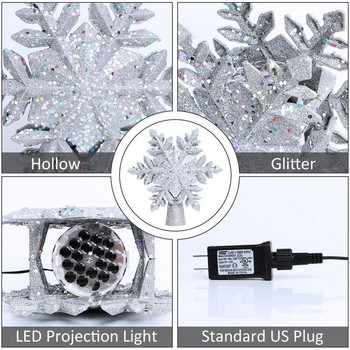 OurWarm Christmas Tree Topper Lighted with White Snowflake Projector Περιστρεφόμενο 3D Glitter Lighted Χριστουγεννιάτικα στολίδια για δέντρο
