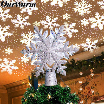 OurWarm Christmas Tree Topper Lighted with White Snowflake Projector Περιστρεφόμενο 3D Glitter Lighted Χριστουγεννιάτικα στολίδια για δέντρο