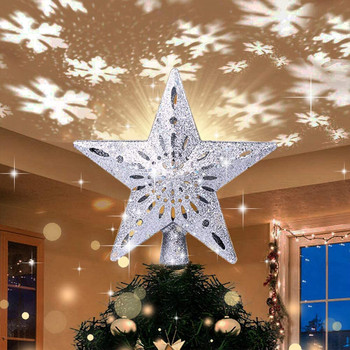 Χριστουγεννιάτικο δέντρο Topper 3D Hollow Sparkling Star με περιστρεφόμενα φώτα LED προβολέα Snowflake για Χριστουγεννιάτικο πάρτι Home Navidad Decor