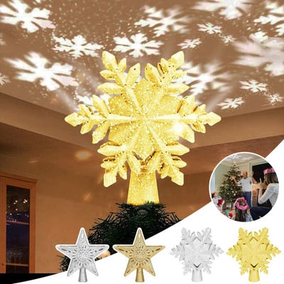 Χριστουγεννιάτικο δέντρο Topper 3D Hollow Sparkling Star με περιστρεφόμενα φώτα LED προβολέα Snowflake για Χριστουγεννιάτικο πάρτι Home Navidad Decor