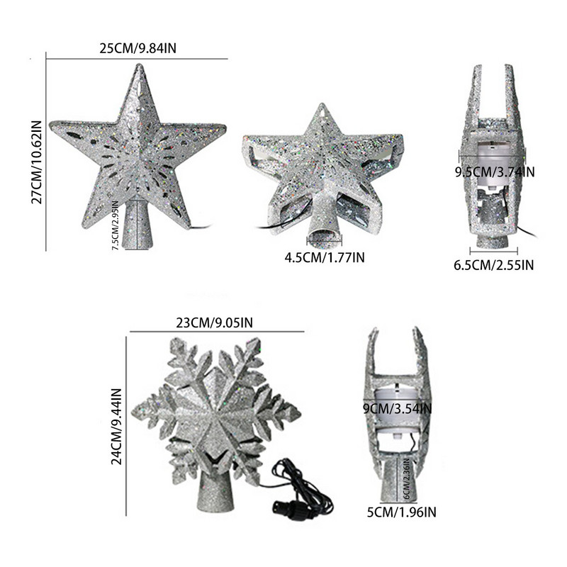 Kalėdų eglutės viršūnėlė 3D tuščiavidurė putojanti žvaigždė su LED besisukančiomis snaigių projektoriaus lemputėmis Kalėdų vakarėliui namų „Navidad“ dekoravimui