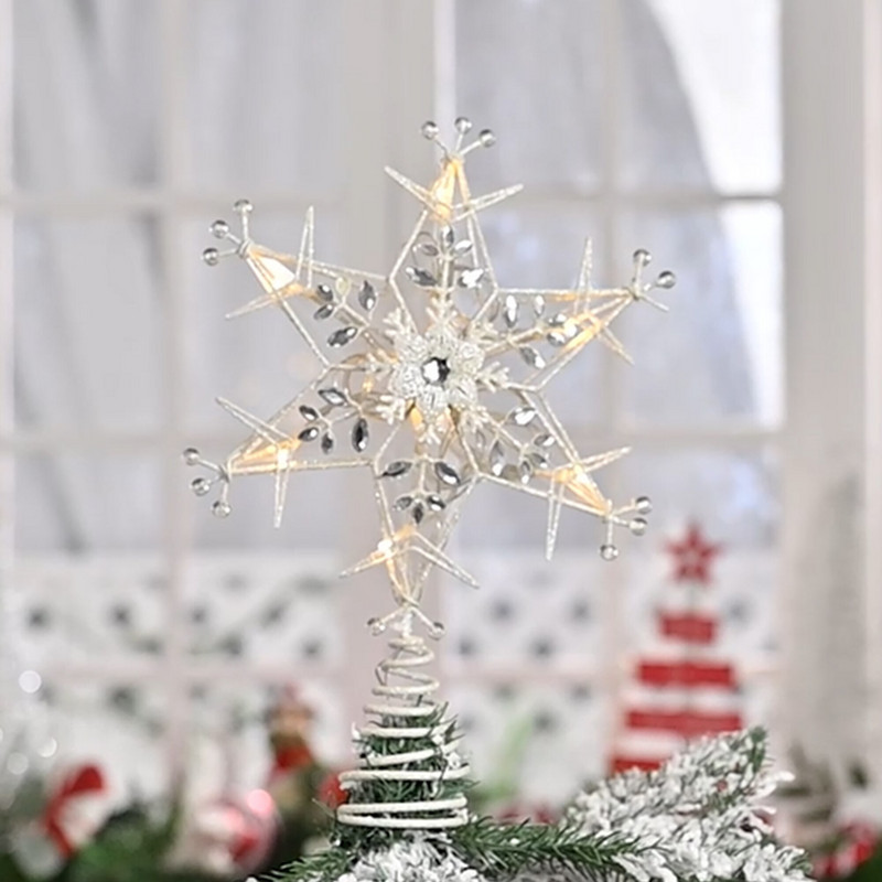 Valery Madelyn Snowflake Christmas Tree Toppers Decorations Metalna božićna zvijezda za božićno drvce s 10 LED lampica Božićni ukras 2023.