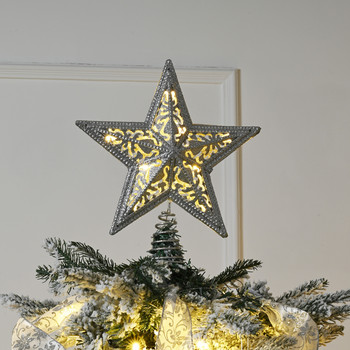 Valery Madelyn Μεταλλικά διακοσμητικά χριστουγεννιάτικου δέντρου Ασημένιο χριστουγεννιάτικο δέντρο με αστέρι 10 LED φωτιστικό αστέρι για διακόσμηση χριστουγεννιάτικου δέντρου