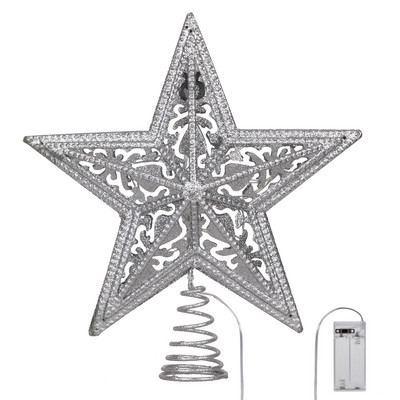 Valery Madelyn Metalni ukrasi za božićno drvce Srebrna zvijezda za božićno drvce 10 LED svjetlećih zvijezda za ukras vrha božićnog drvca
