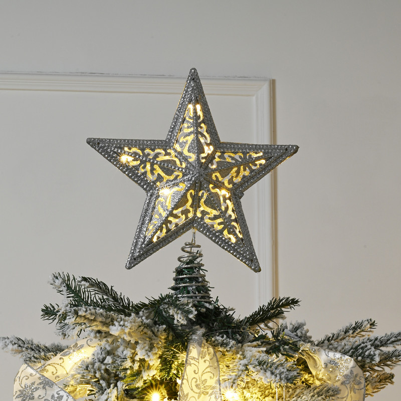 Valery Madelyn Metalni ukrasi za božićno drvce Srebrna zvijezda za božićno drvce 10 LED svjetlećih zvijezda za ukras vrha božićnog drvca