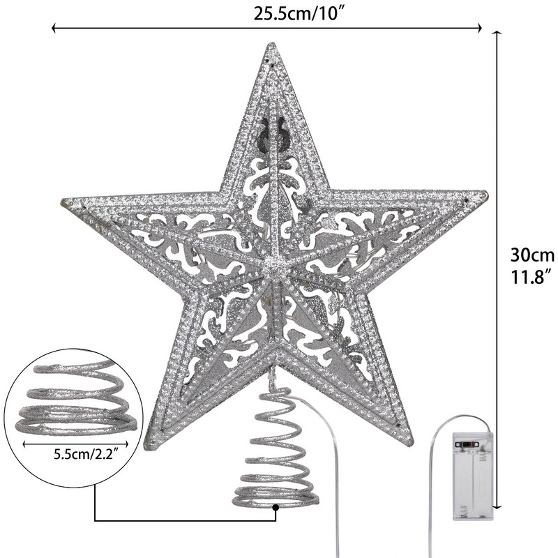 Valery Madelyn Metalni ukrasi za božićno drvce Srebrna zvijezda za božićno drvce 10 LED svjetlećih zvijezda za ukras vrha božićnog drvca
