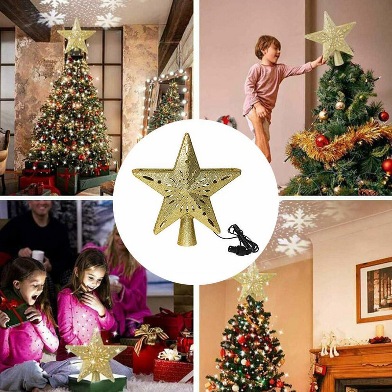 3D Glitter Star Kalėdų eglutės antgalis su įtaisytu ornamentu eglutei besisukantis snaigės projektorius Led Decor Home Christmas T9p3
