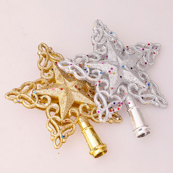 Коледно дърво Връх Звезда Блестяща куха пластмаса Златни и сребърни пентаграми Снежинки Орнаменти 3D Коледно дърво Горен декор Висулка