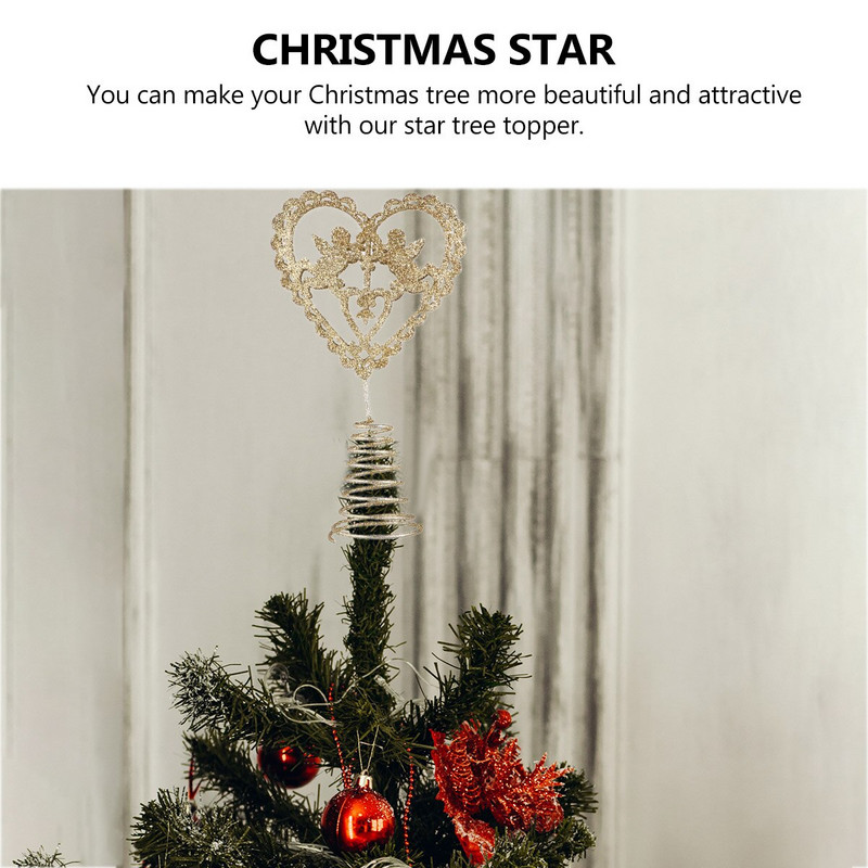 Tree Topper Star Christmas Glitter Heart Treetop Купидон Празнична декорация Декорации Златен метален железен орнамент Glitteredhanging
