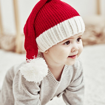Коледна шапка за родители и деца Сладка шапка с помпон за деца, момиче, момче, шапка с шапка, плътен цвят, топла плетена на една кука майка, бебешка шапка с боне за деца THG