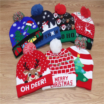 LED плетена шапка Коледен подарък за деца 2022 Коледна украса 2023 Нова година Декор Пуловер Дядо Коледа Елк Снежен човек Шапка Шапка
