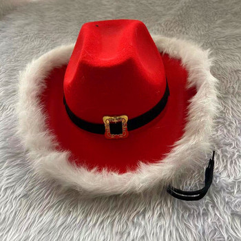 Светеща червена западна каубойска шапка Коледно перо Дядо Коледа Шапка с периферия с кожа Весела Коледа Украса за дома Коледен орнамент