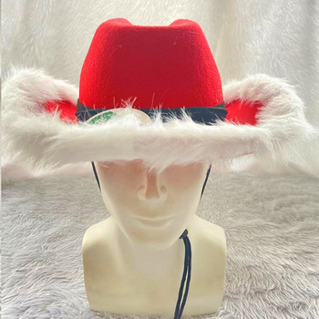 Светеща червена западна каубойска шапка Коледно перо Дядо Коледа Шапка с периферия с кожа Весела Коледа Украса за дома Коледен орнамент