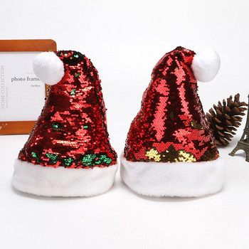 Къса плюшена коледна шапка с флип пайети Noel Shiny Natal Hat Merry Christmas Decor Gift Честита Нова Година 2023 Navidad Favor