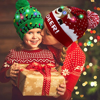 2023 Нова година LED Коледна шапка Пуловер Плетена шапка с LED светлина Коледен подарък за деца Коледна новогодишна украса