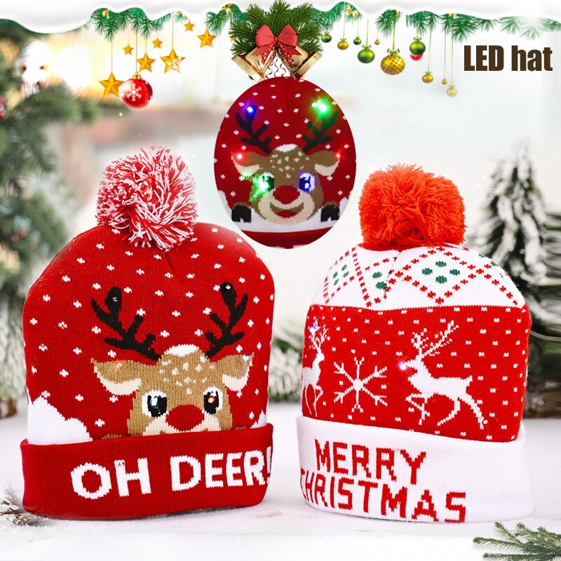 Весела Коледа Шапки с LED светеща декорация Орнамент Xmas Navidad Подаръци Честита Нова Година Шапка Снежен човек ElK Дядо Коледа за дете