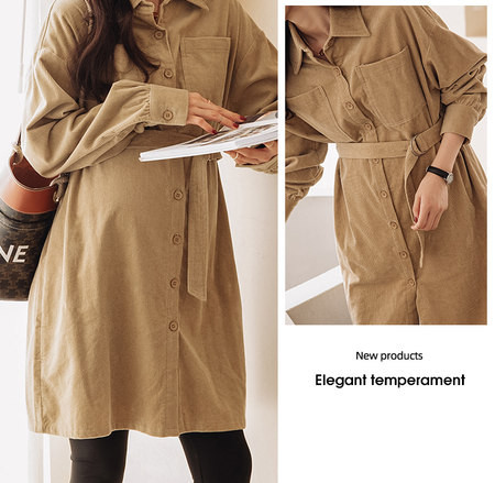 Стилна дамска рокля за бременни с класическа яка копчета и колан 