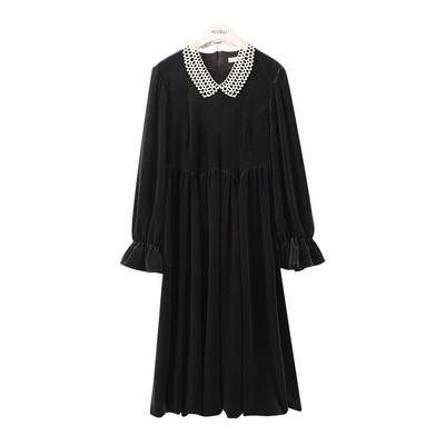 Есенна дълга рокля за бременни с V-образно деколте и дълъг ръкав