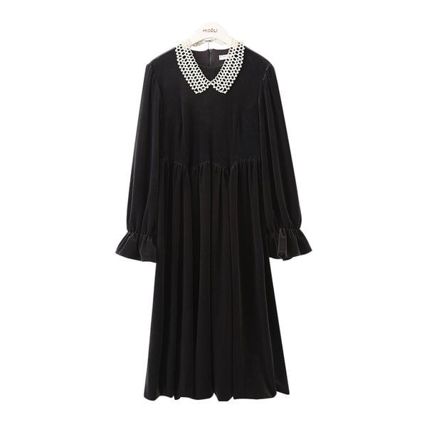 Есенна дълга рокля за бременни с V-образно деколте и дълъг ръкав