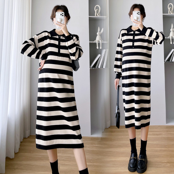 Дамска раирана рокля за бременни със средна дължина