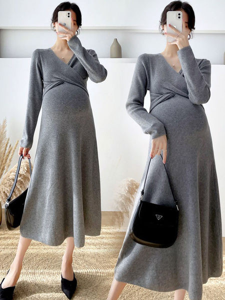 Пролетно-есенна рокля за бременни с дълъг ръкав и шпиц деколте 