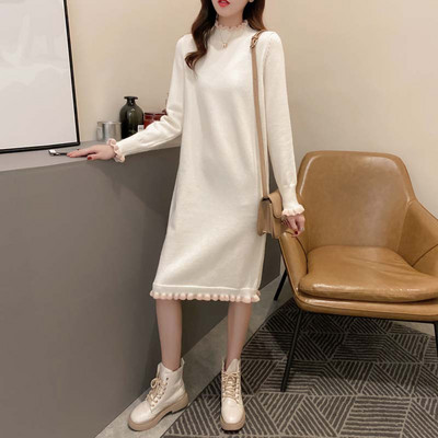 Плетена рокля за бременни с поло яка и дълъг ръкав