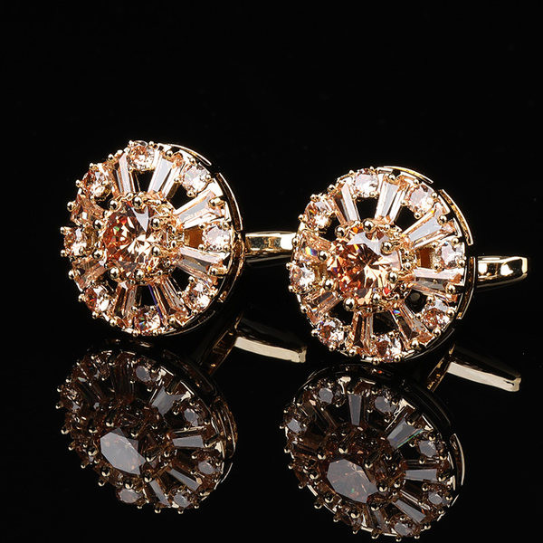 Кръгли мъжки ръкавели с камъни -златист цвят