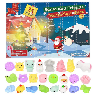 Коледен адвент календар Кутия за играчки 24 бр. Комплект Сладък снежен човек Mochi Животно 2022 Нова година Облекчаване на стреса Подарък за дете