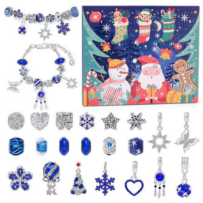 Set de brățări cu calendar de advent de Crăciun, seria albastră, calendar de numărătoare inversă de Crăciun, bijuterii, brățări DIY cu tematică de Crăciun pentru fete