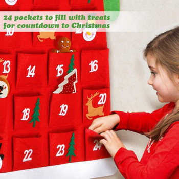 24-дневен календар за обратно отброяване Коледен адвент календар с джобове, висящ на стената Дядо Коледа Адвент календар, празнична украса
