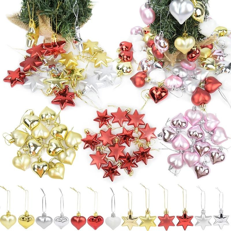 12Pcs Heart Star Shape Christmas Ball Xmas Tree Пластмасова висяща висулка Орнамент Начало Фестивал парти Новогодишен декор