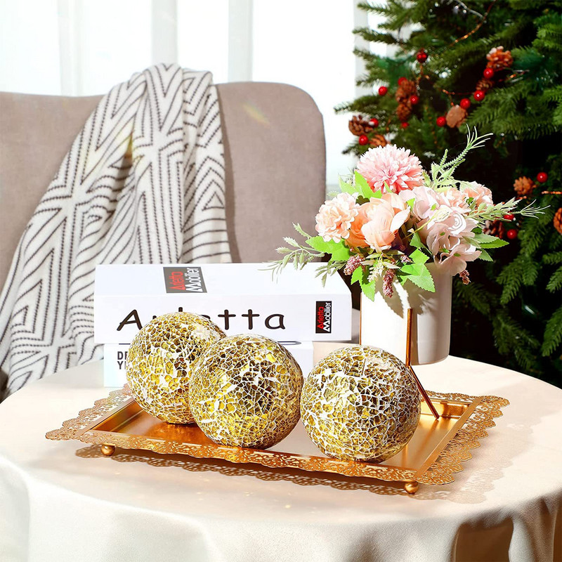 1PCS Мозайка Сфера Стъклени топки Декоративни за коледно парти Декорация на дома Централна маса Кръгла златна топка Фестивален орнамент
