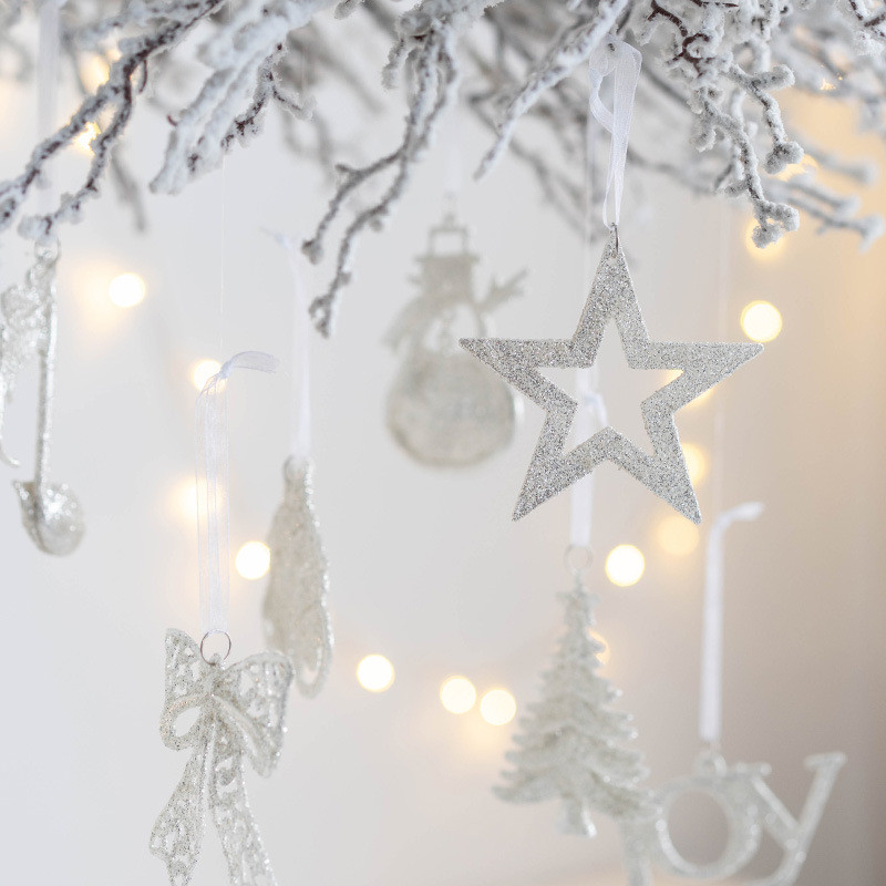 Бяла коледна бляскава висулка Коледна елха Висящи орнаменти Панделка Пентаграма Коледна висулка Весела Коледа Декор за дома