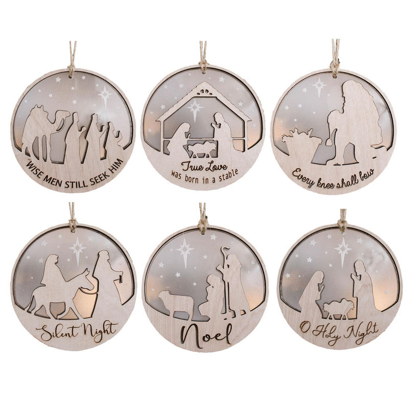 8 см дървени висящи орнаменти за Коледа Исус Серия Направи си сам двуслойни занаяти Изрезки за коледно дърво Висящи орнаменти Етикет за подарък